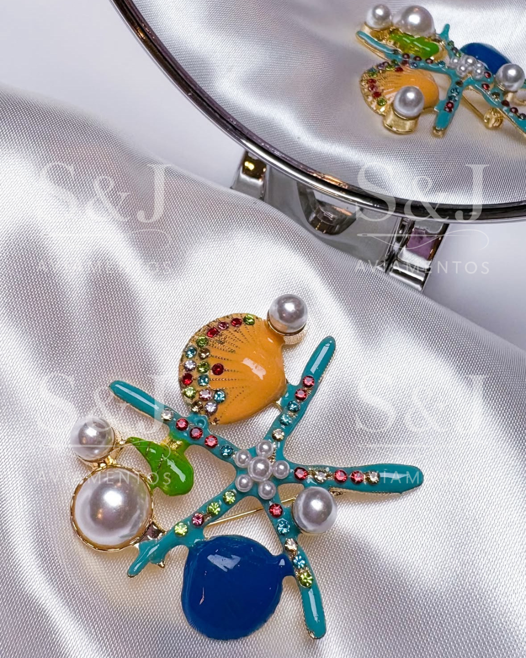 Broche Estrela-do-Mar Colorido com Conchas, Pérolas e Strass